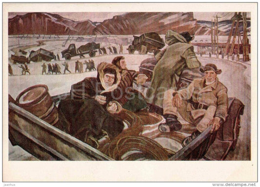 painting by P. Nikonov - 1 -Everyday Life - truck - workers - russian art - unused - JH Postcards