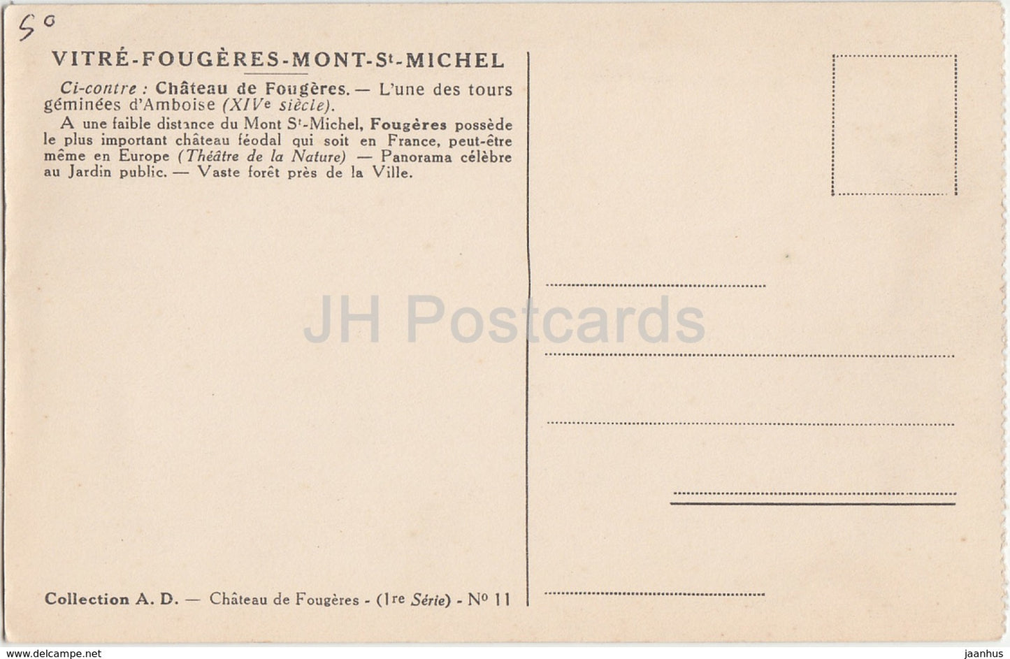 Chateau de Fougeres - Vitre Fougeres Mont St Michel - castle - old postcard - France - unused