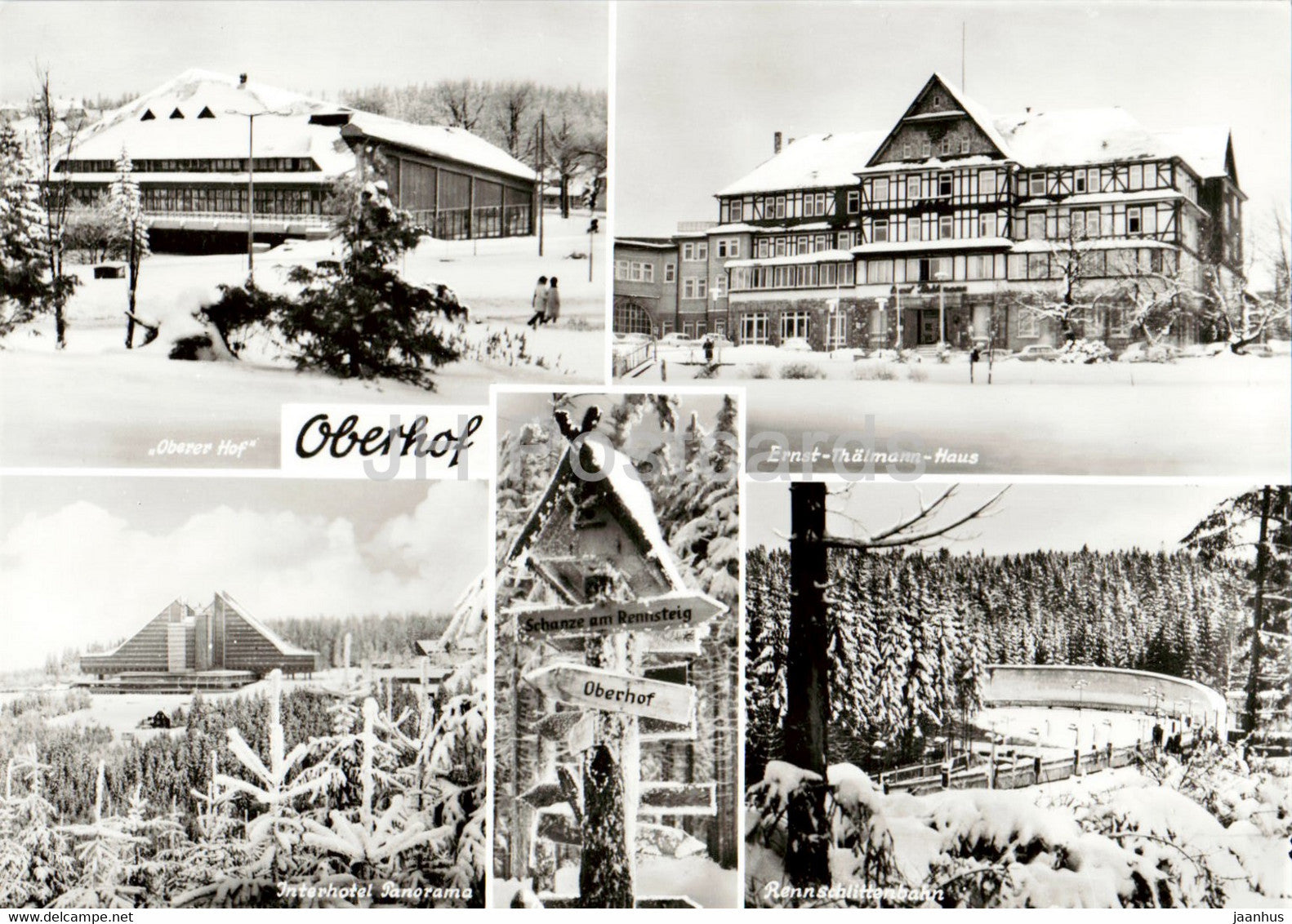Oberhof - Oberer Hof - Ernst Thalmann Haus - Interhotel Panorama - Rennschlittenbahn - Germany DDR - unused - JH Postcards