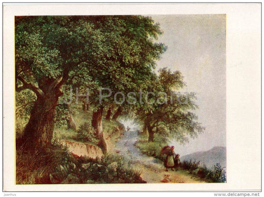 painting by M. Lebedev - Italian Landscape - mother and girl - russian art - unused - JH Postcards