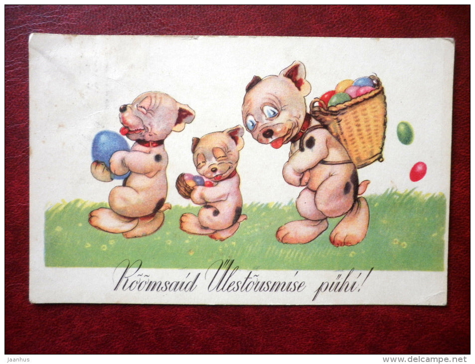 Easter Greeting Card - dogs - eggs - 11 - circulated in 1935 - Estonia - used - JH Postcards