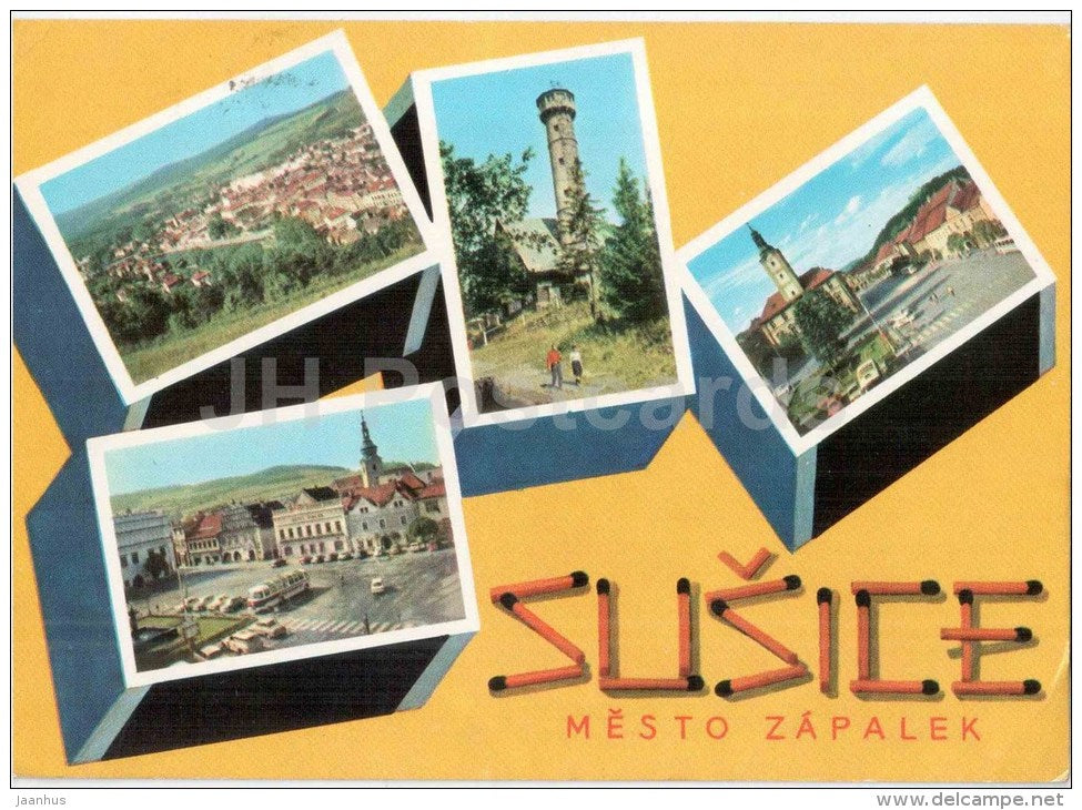 Susice - town views - architecture - tower - bus - Czechoslovakia - Czech - used 1973 - JH Postcards