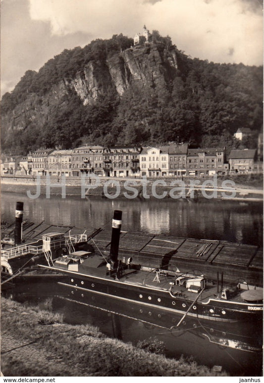 Decin - view of the pier with the Pastyrska Wall - boat - Czechoslovakia - Czech Republic - 1961 - used - JH Postcards