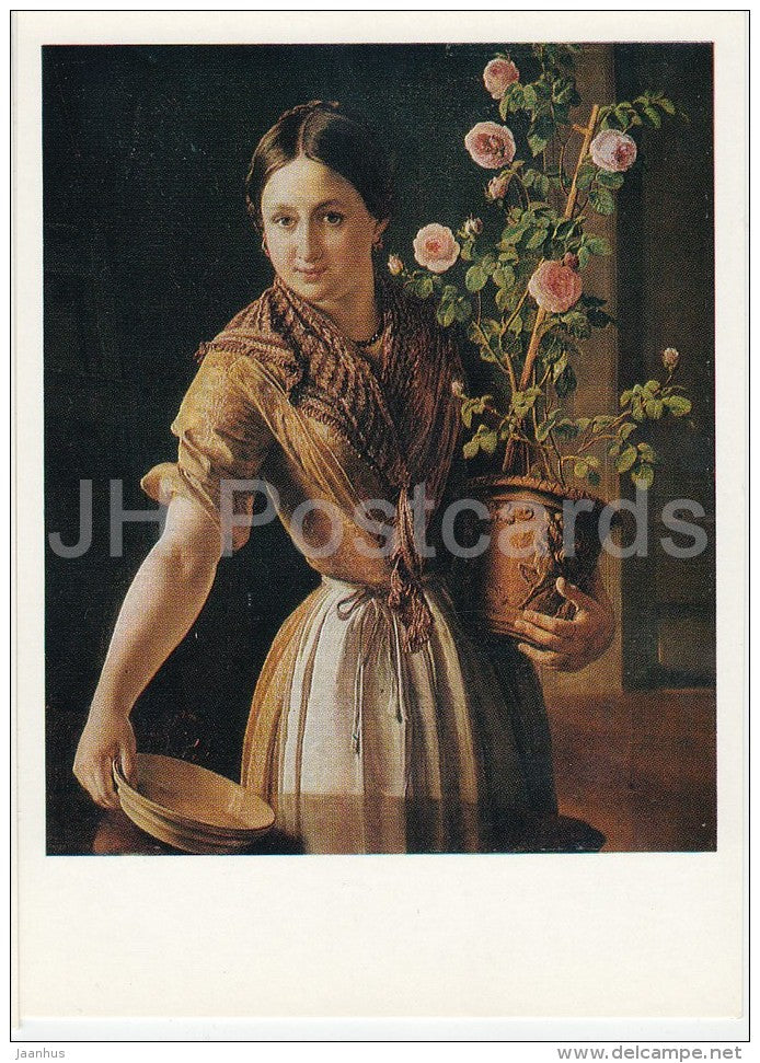 painting by V. Tropinin - Young woman with a bucket of roses , 1850 - Russian art - 1974 - Russia USSR - unused - JH Postcards