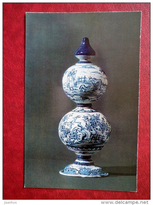 Moneybox with the appearance of a village scene, animals and flowers - Faience - Delftware - 1974 - Russia USSR - unused - JH Postcards