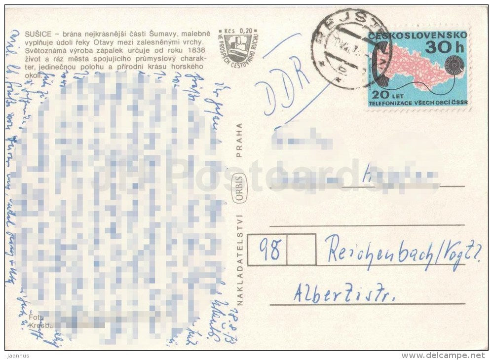 Susice - town views - architecture - tower - bus - Czechoslovakia - Czech - used 1973 - JH Postcards