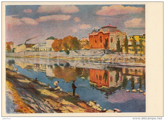 painting by J. Bokshay - Uzhgorod , 1947 - fishing - Uzhhorod - Ukrainian art - Ukraine USSR - 1964 - unused - JH Postcards