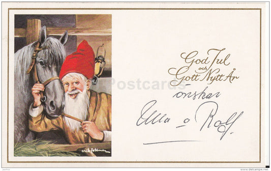 Christmas Greeting Card - gnome - horse - Sweden - used - JH Postcards