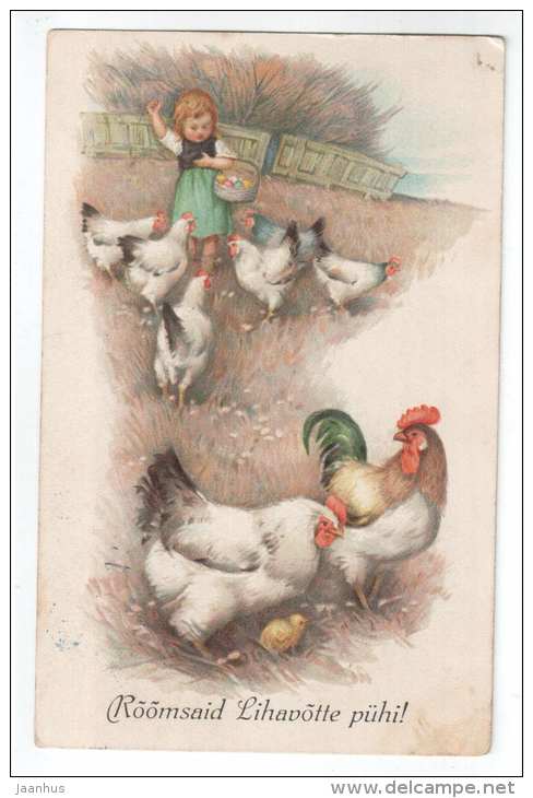Easter Greeting Card - hen - cock - children - eggs - T. S. N. Serie 1927 - old postcard - circulated in Estonia - used - JH Postcards