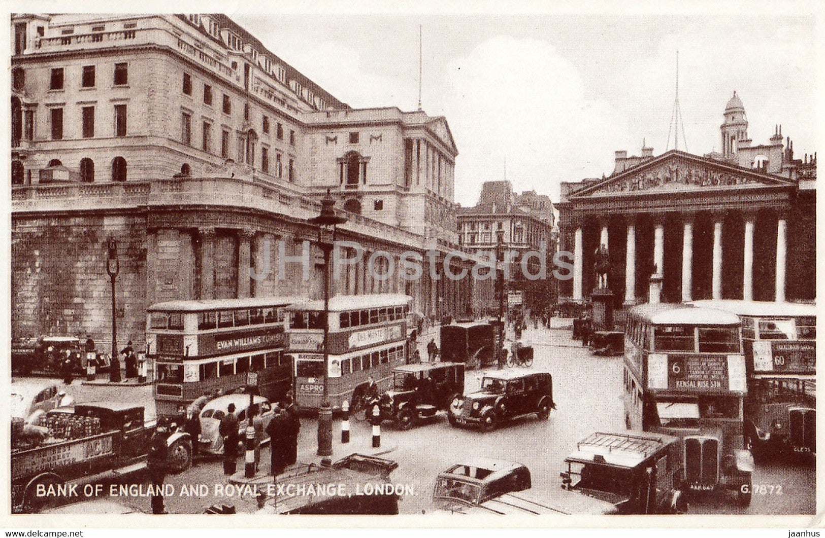 London - Bank of England and Royal Exchange - car - bus - 7872 - old postcard - England - United Kingdom - unused - JH Postcards