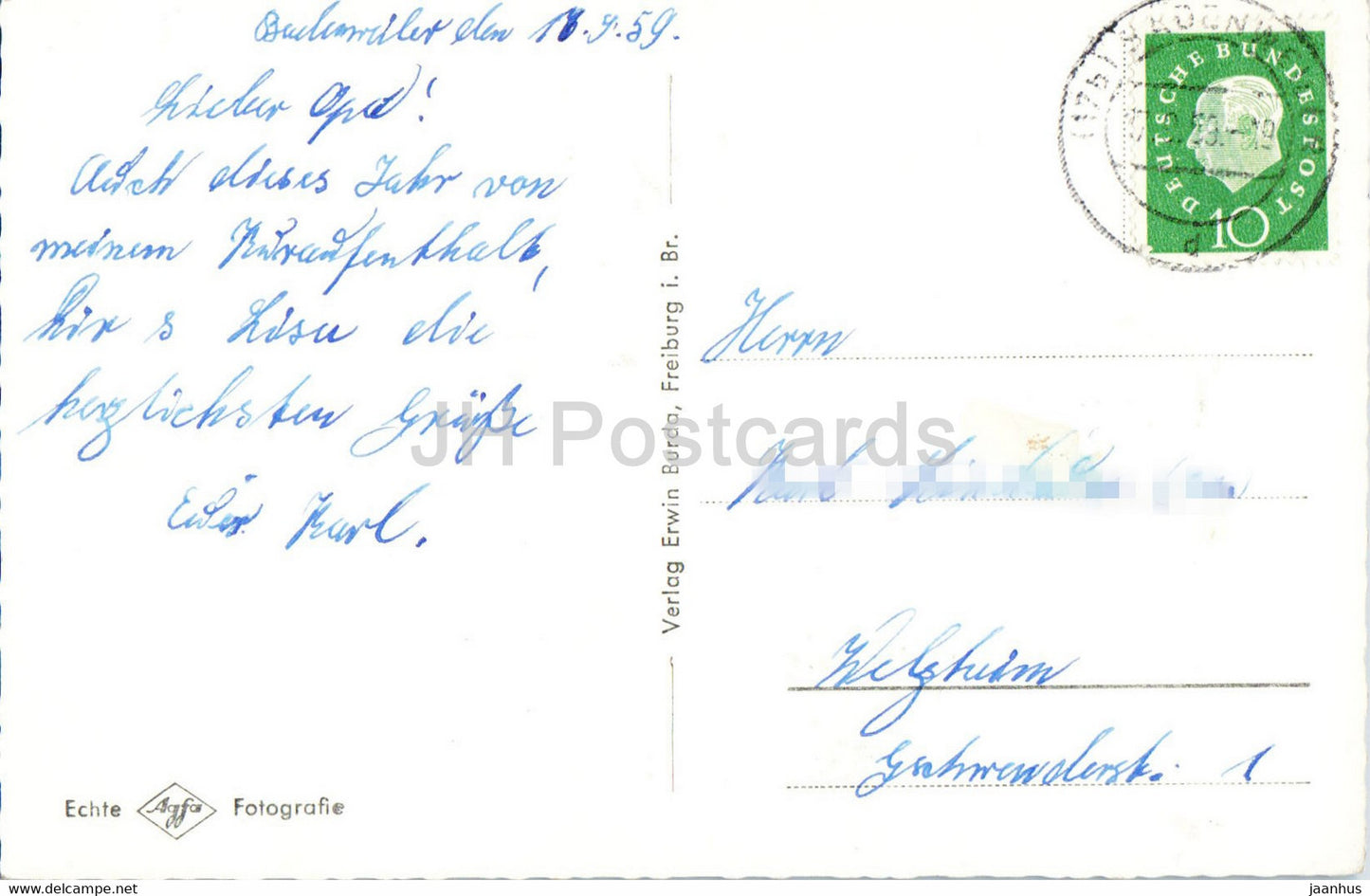 Thermalkurort Badenweiler - Schwarzwald - 1959 - carte postale ancienne - Allemagne - utilisé