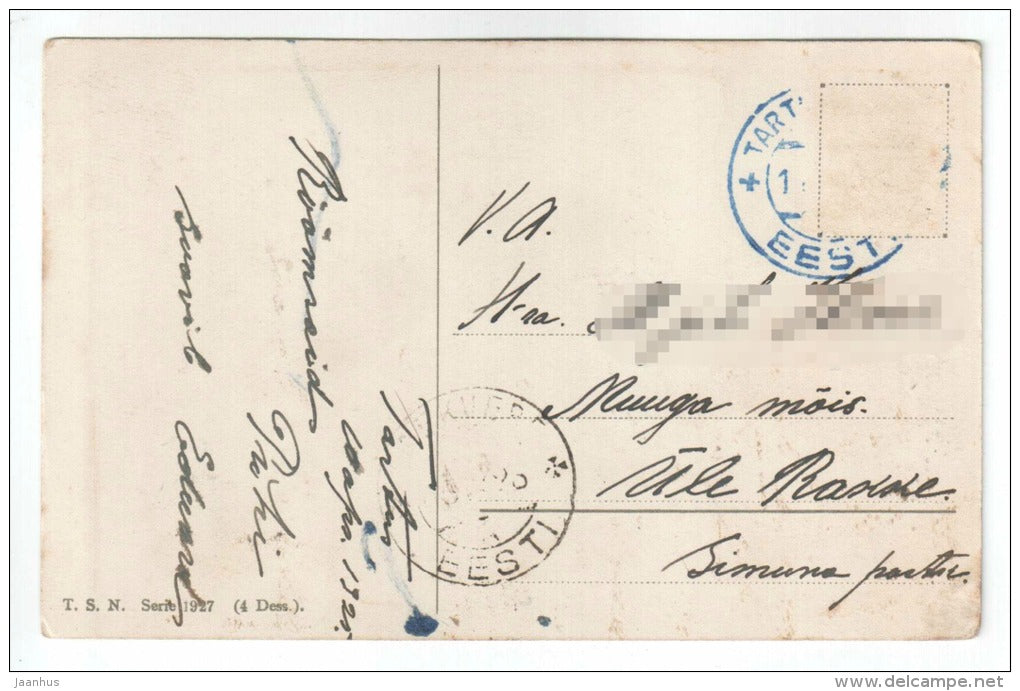 Easter Greeting Card - hen - cock - children - eggs - T. S. N. Serie 1927 - old postcard - circulated in Estonia - used - JH Postcards