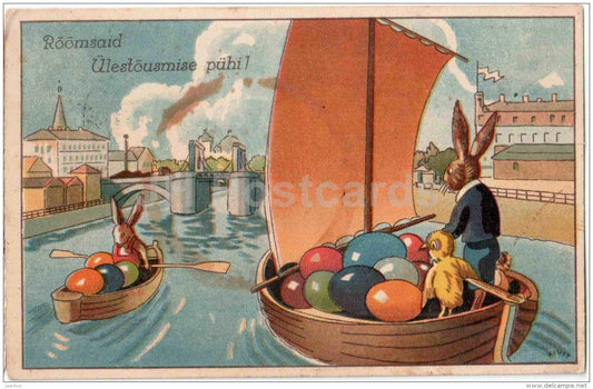 Easter greeting card - hare - rabbit - eggs - chicken - boat - KJ 44 Tartu - circulated in Estonia 1930s - JH Postcards
