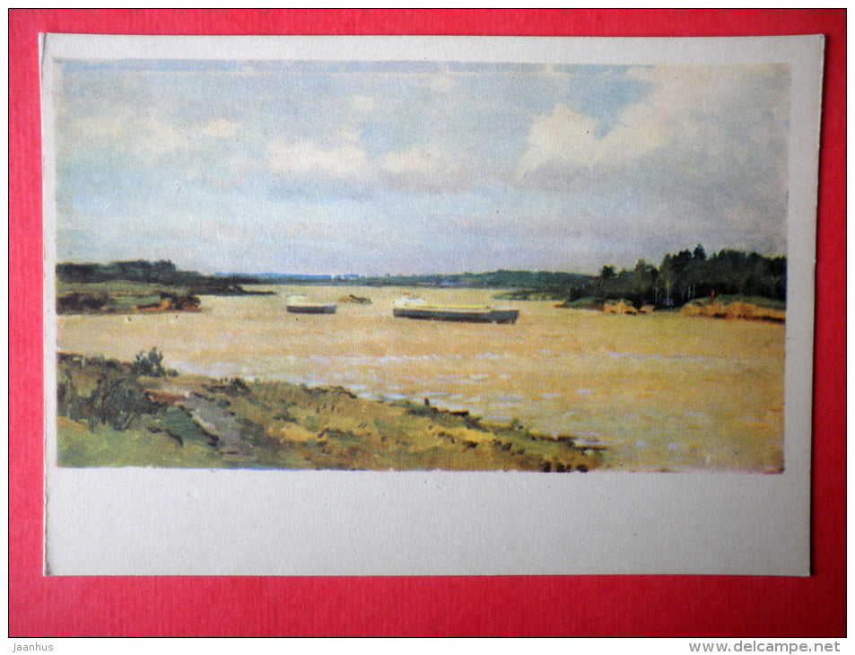 illustration by K. Dzhakov - Vyterga river - ship - Volga & Baltic Waterway - canal - 1966 - Russia USSR - unused - JH Postcards