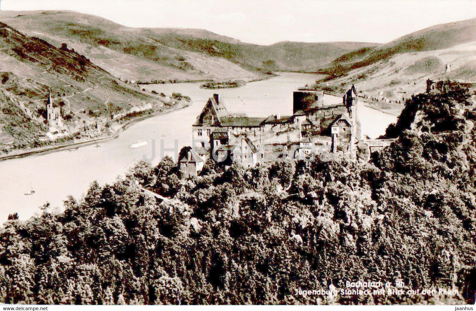 Bacharach a Rh - Jugendburg Stahleck mit Blick auf den Rhein - old postcard - 1958 - Germany - used - JH Postcards
