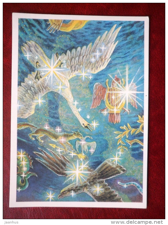 Cygnus - Lyra - Aquila - constellations - swan - eagle - stars - night sky - 1990 - Russia USSR - unused - JH Postcards