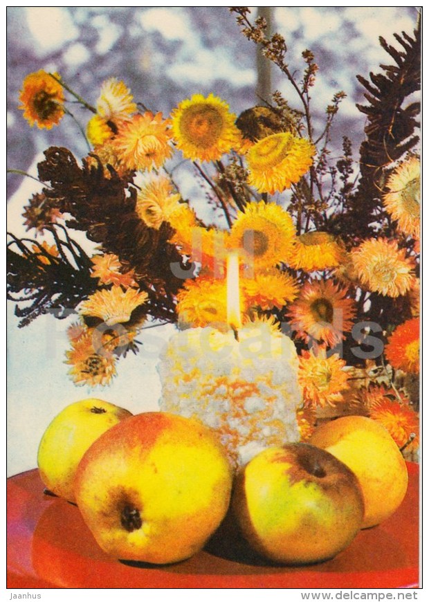New Year Greeting card - 3 - candle - apples - flowers - 1979 - Estonia USSR - used - JH Postcards