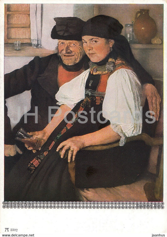 painting by Wilhelm Leibl - Old Man and Young Woman - folk costumes - German art - Germany - unused - JH Postcards