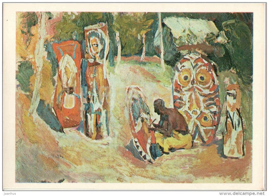 paintings by M. Plakhov and B. Alekseyev - Carver at work . Papua New Guinea - Pacific - 1979 - Russia USSR - unused - JH Postcards