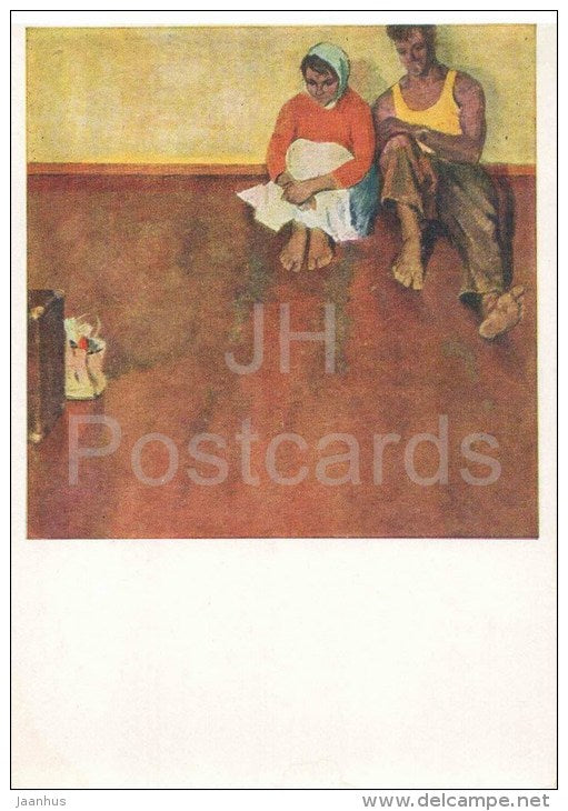 painting by M. Dantsig - Settlers - man and woman - belarus art - unused - JH Postcards