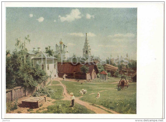 painting by V. Polenov - Moscow Courtyard , 1878 - church - horse - children - russian art - unused - JH Postcards