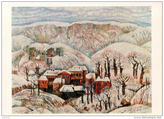 painting by Ghivi Narmania - Winter , 1972 - village - georgian art - unused - JH Postcards