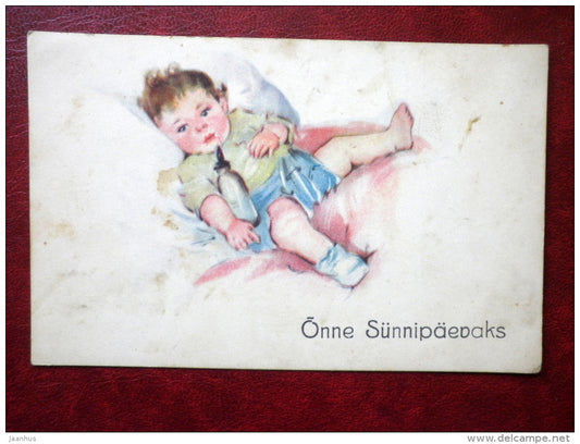 Birthday Greeting Card - child - feeding botlle - MH - 1920s-1930s - Estonia - used - JH Postcards