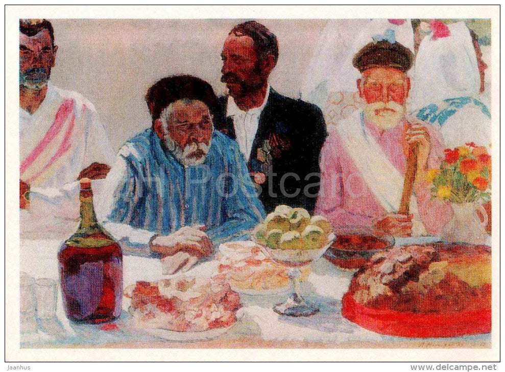 painting by V. Nechitaylo - Waiting for the bride and groom , 1974-75 - old men - wine - russian art - unused - JH Postcards