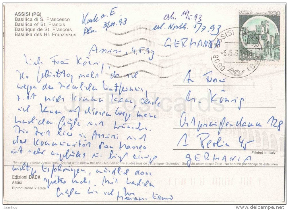 Basilica di S. Francesco - Assisi - Perugia - Umbria - Italia - Italy - sent from Italy Assisi to Germany 1993 - JH Postcards