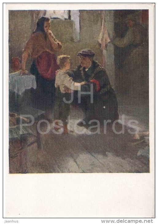 painting by K. Andreyev - October Revolution Days - boy - father - russian art - unused - JH Postcards