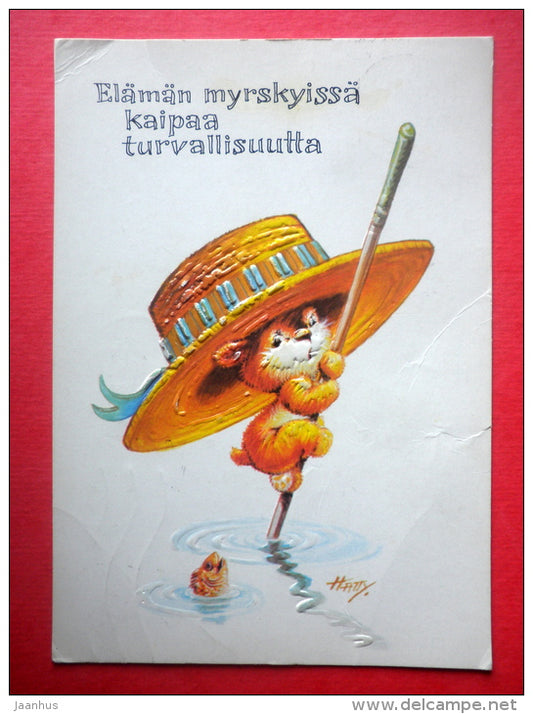 illustration by Hatty - cat - fish - 4682/4 Finland - sent from Finland to Estonia USSR 1985 - JH Postcards