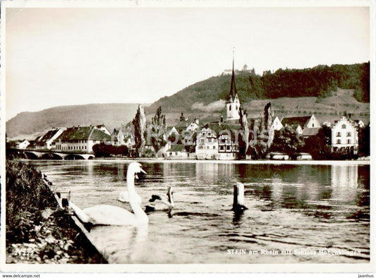 Stein am Rhein mit Schloss Hohenklingen - birds - swan - 21222 - old postcard - 1950 - Switzerland - used - JH Postcards