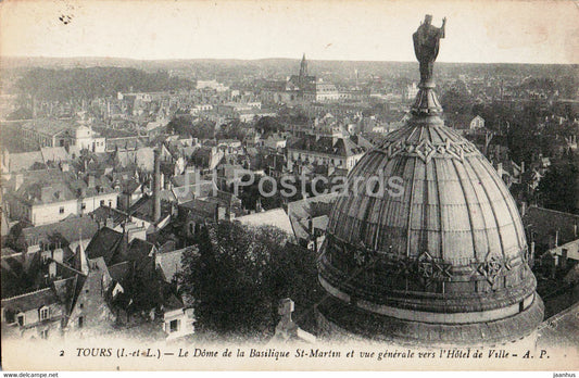 Tours - Le Dome de la Basilique St Martin et vue generale vers l'Hotel de Ville - 2 - old postcard - France - used - JH Postcards