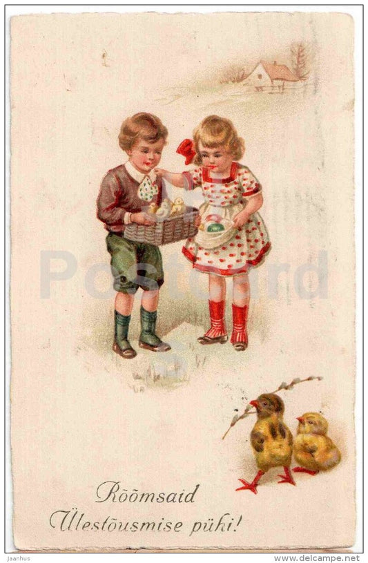 Easter greeting card - children - chicken - 3291 - circulated in Estonia Tallinn 1931 - JH Postcards