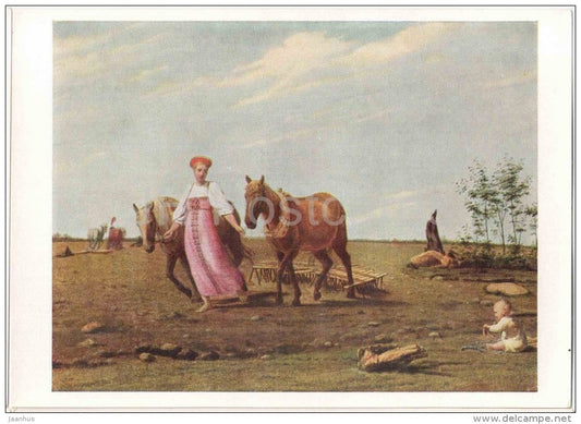 painting by A. Venetsianov - Plowing . Spring - woman - horse - childr - russian art - unused - JH Postcards