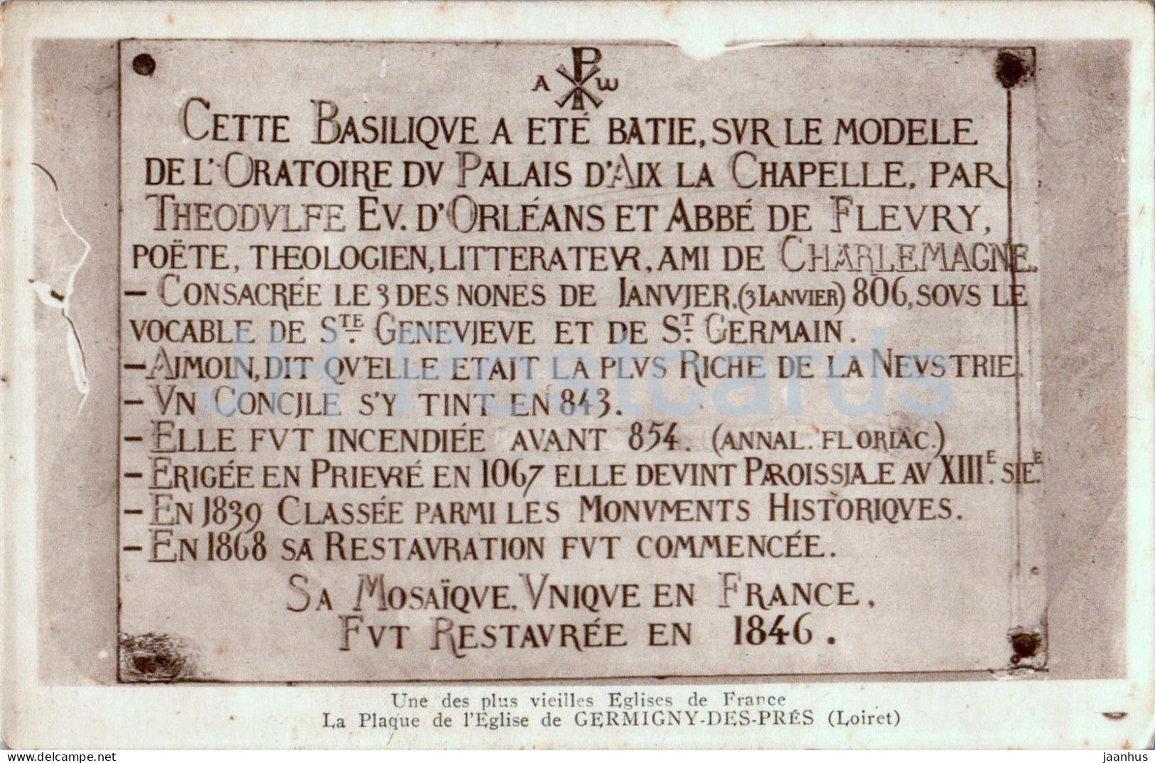 La Plaque de l'Eglise de Germigny des Pres - old postcard - France - unused - JH Postcards