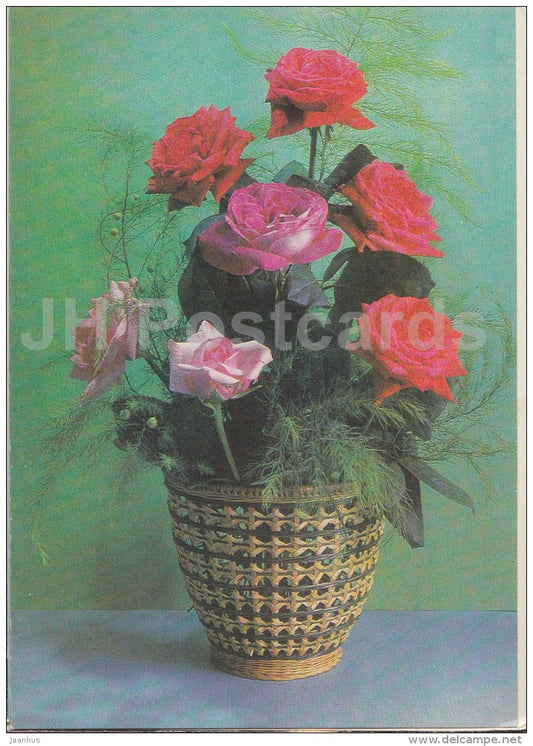 Birthday greeting card - roses in a vase - flowers - 1983 - Russia USSR - used - JH Postcards