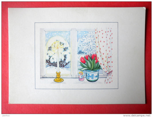 Christmas Greeting Card by Marjaliisa Pitkäranta - candle - flowers - window - Finland - circulated in Finland 1981 - JH Postcards