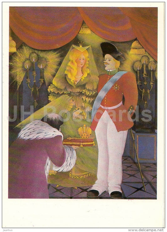 illustration by O. Kondakova - queen - soldier - Blue Light - Brothers Grimm Fairy Tale - 1986 - Russia USSR - unused - JH Postcards