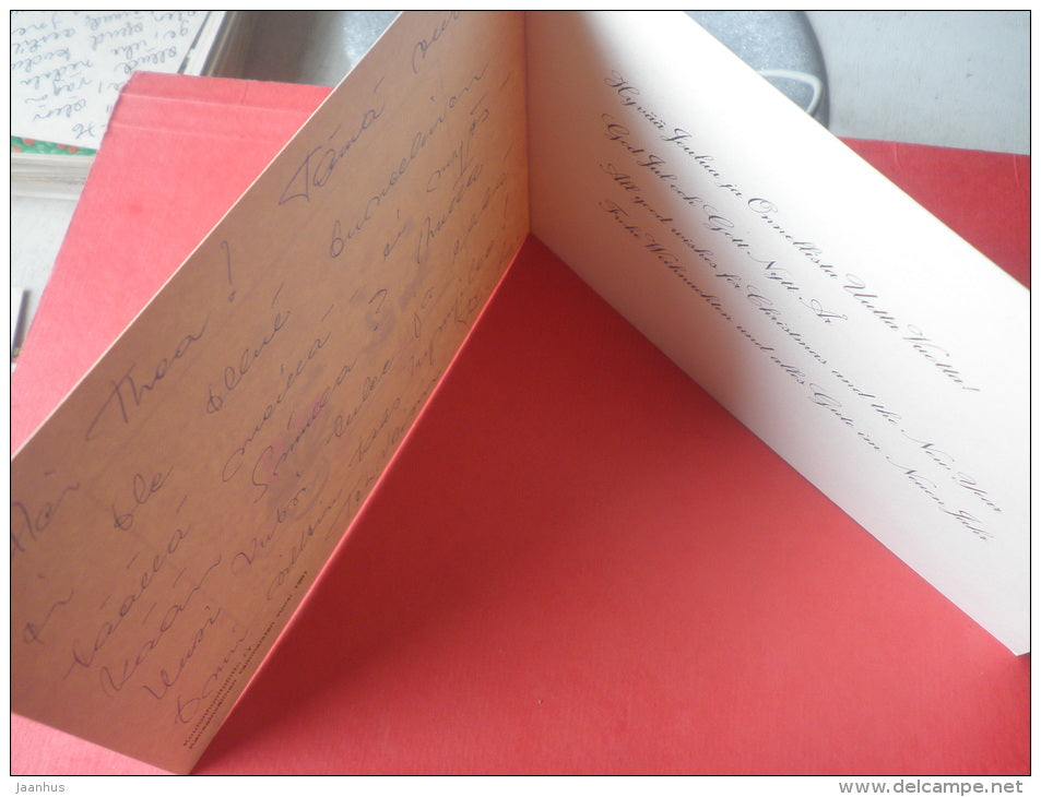 Christmas Greeting Card by Marjaliisa Pitkäranta - candle - flowers - window - Finland - circulated in Finland 1981 - JH Postcards