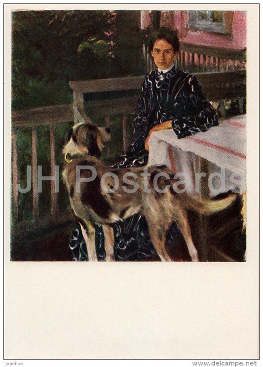 painting by B. Kustodiev - Portrait of Artist´s Wife , 1903 - dog - Russian art - 1957 - Russia USSR - unused - JH Postcards