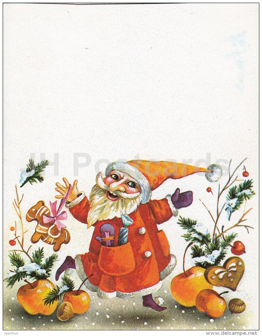 New Year mini Greeting card by V. Stanishevskaya - 1 - Santa Claus - apples - 1990 - Estonia USSR - used - JH Postcards