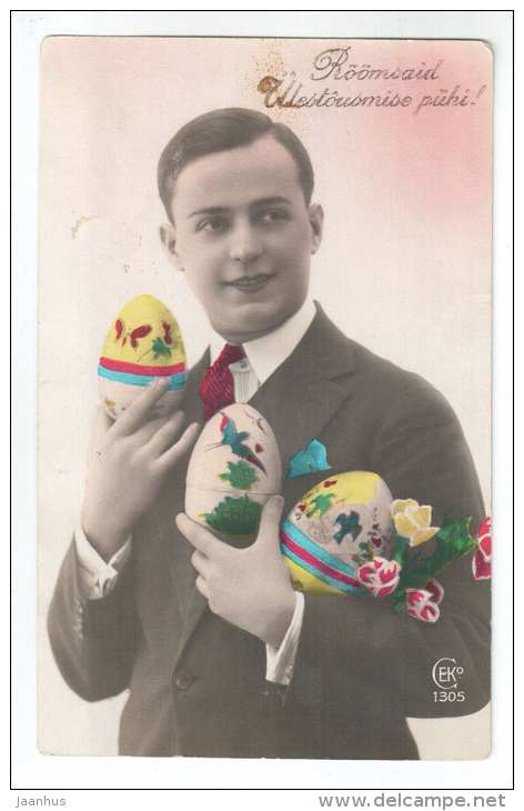 Easter Greeting Card - eggs - gentleman - CEKO 1305 - old postcard - circulated in Estonia 1929 Tallinn - used - JH Postcards