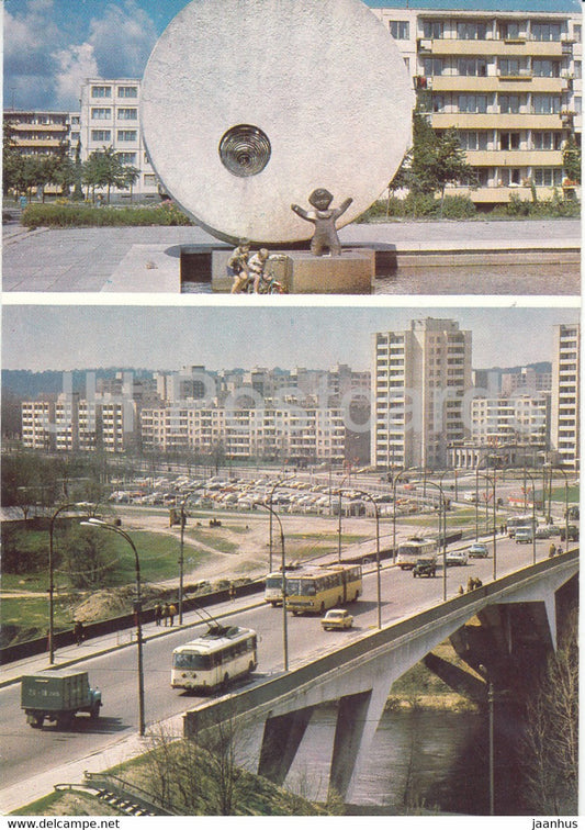 Vilnius - Zhirmunai new residential area - bridge - trolleybus - bus Ikarus - Lithuania USSR - unused - JH Postcards