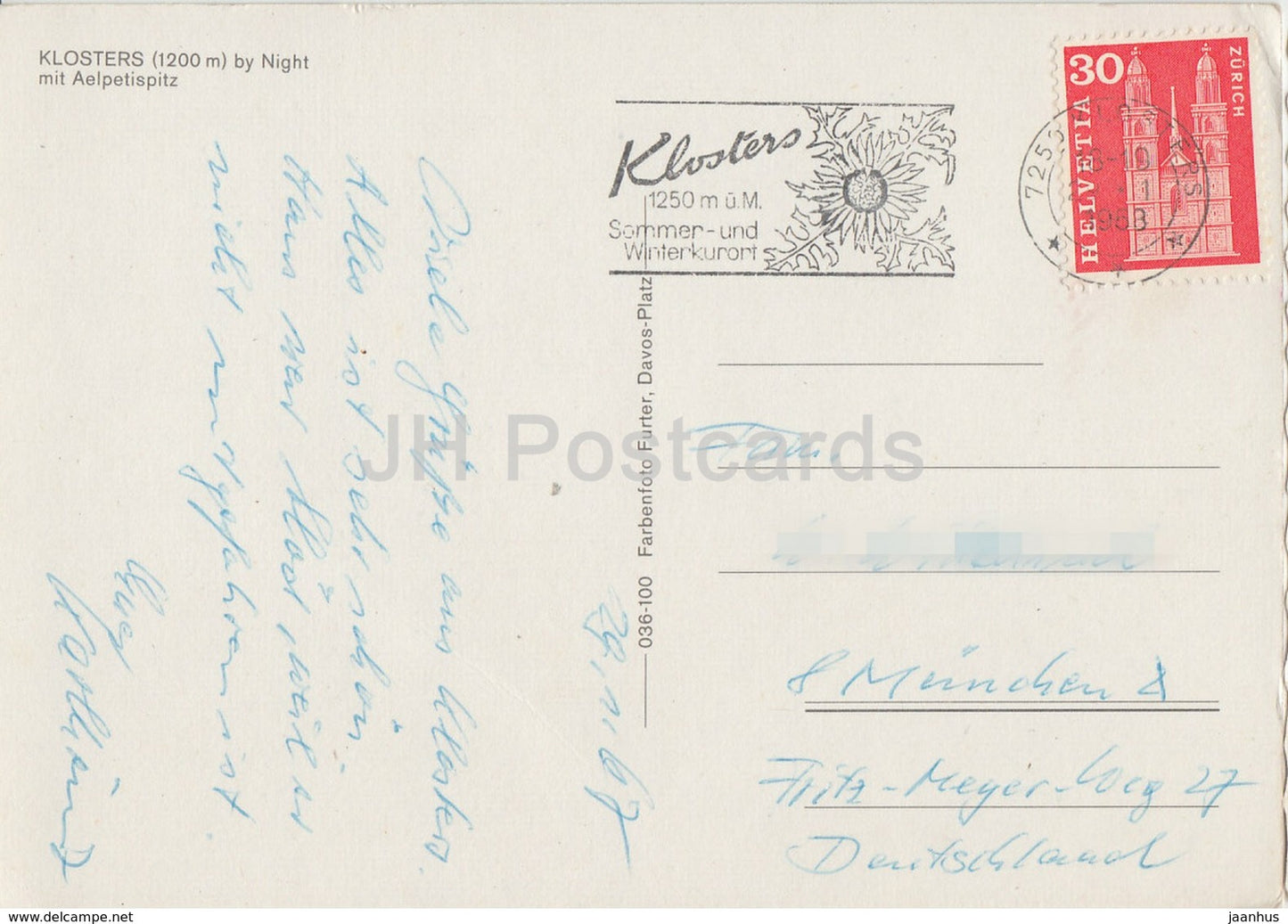 Klosters 1200 m bei Nacht mit Aelpetispitz – 1968 – Schweiz – gebraucht