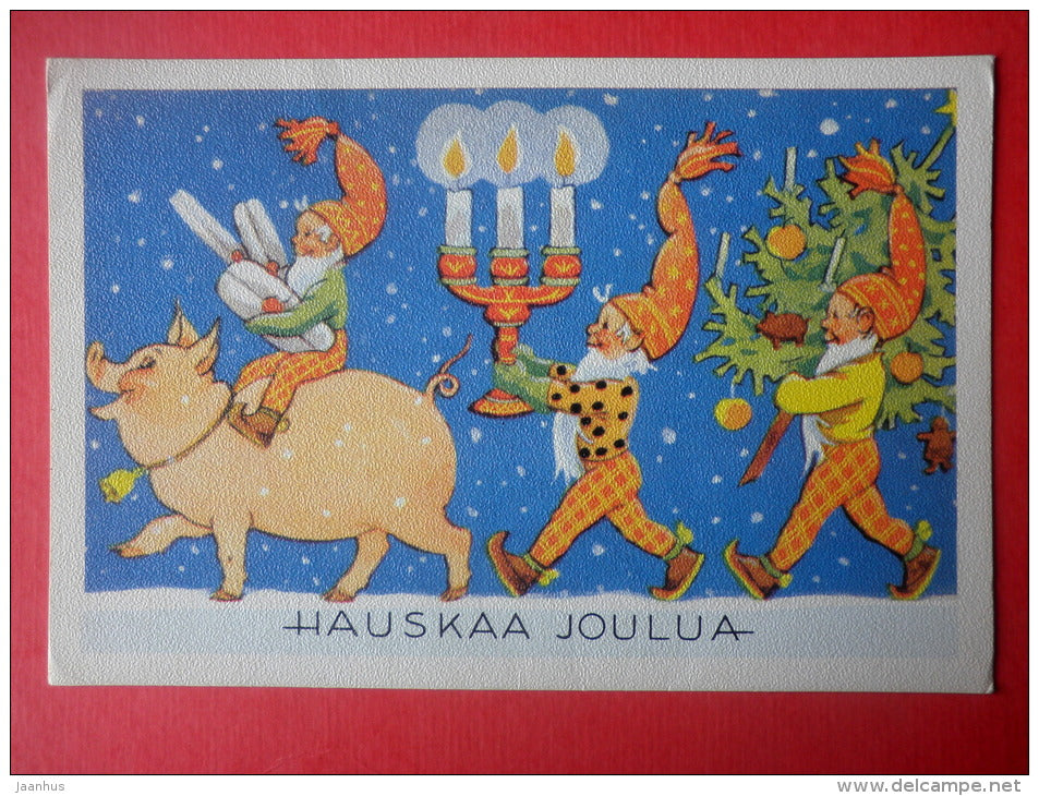 Christmas Greeting Card - dwarf - pig - candle - Finland - circulated in Finland - JH Postcards