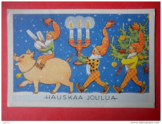 Christmas Greeting Card - dwarf - pig - candle - Finland - circulated in Finland - JH Postcards