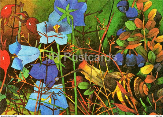 Greeting Card - by R. Lukk - Snail - flowers - plants - 1985 - Estonia USSR - unused - JH Postcards