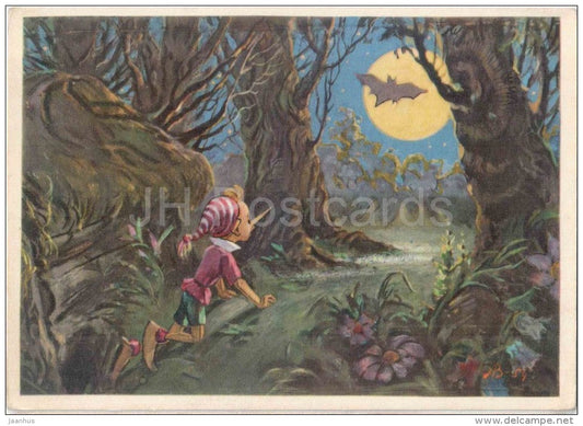 Buratino . Golden Key - Pinocchio - bat - moon - Russian Fairy Tale by A. Tolstoy - 1965 - Russia USSR - unused - JH Postcards