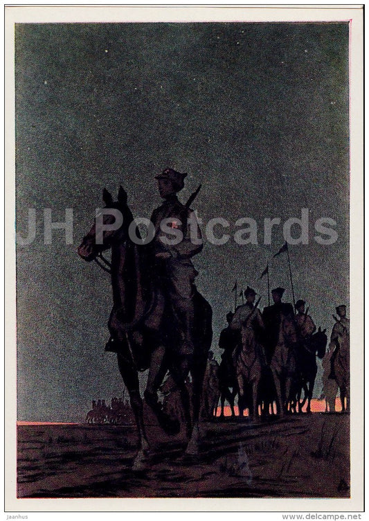illustration by D. Dmitriyev - soldiers - horses - cavalry - Red Army - Songs of Civil War - 1962 - Russia USSR - unused - JH Postcards